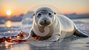 Adorable Seal Pup on Ice at Sunset
