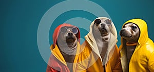 Seal Sealion in a group, vibrant bright fashionable outfits isolated on solid background advertisement