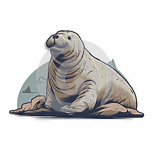 a seal sitting on the ground with a mountain in the background and a blue sky in the background with a white circle with a gray