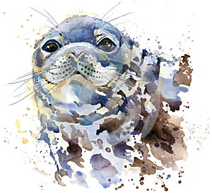 Seal T-shirt graphics, marine seal illustration with splash watercolor textured background.