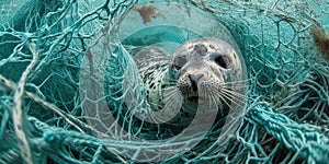 Seal tangled in fishing net. Concept of environmental pollution.