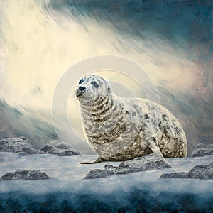 Seal in textured oil painting style arctic landscape (generative AI)