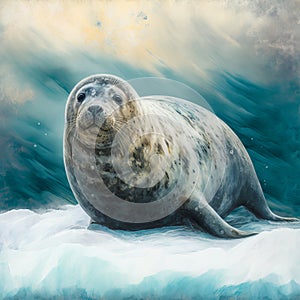 Seal in textured oil painting style arctic landscape (generative AI)