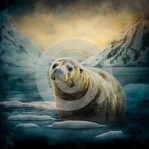 Seal in textured oil painting style arctic landscape (generative AI)