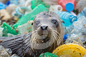 Seal among trash on the beach