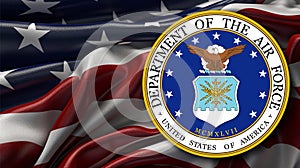 Seal of the United States Department of the Air Force against the background of the US flag