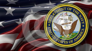 Seal of the United States Department of the Navy against the background of the US flag