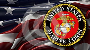 Seal of the United States Marine Corps against the background of the US flag