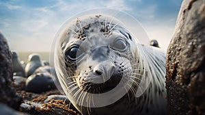 A Seal Up Close on a Rocky Shore. Generative AI