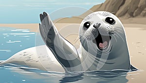 A seal in the water with a big smile and a wave