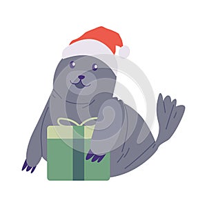 seal wearing christmas heat and holding gift box present vector animal illustration design