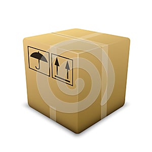 Sealed cardboard box icon with packaging symbols, vector