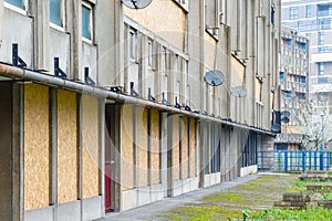 Sealed and empty council flat housing block, Robin Hood Gardens