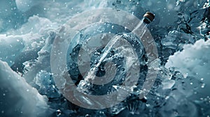 Sealed glass bottle amidst a dynamic, turbulent ocean scene. Dramatic and serene, conceptual message in a bottle. Blue