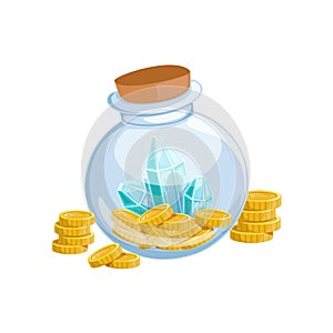 Sealed Glass Jar With Golden Coins And Blue Crystal Gems,Hidden Treasure And Riches For Reward In Flash Came Design