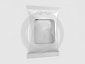 A sealed packet containing a single white rectangular object on a plain background