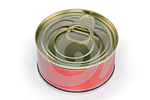 Sealed tin can of canned fish on a white background