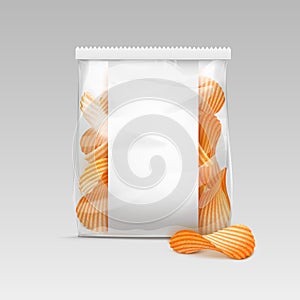 Sealed Transparent Plastic Bag with Potato Chips on White Background