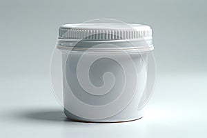 Sealed white tub on a clean backdrop. Plastic container with a tight lid. Concept of product packaging, containerization photo