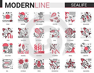 Sealife flat line mini concept symbols. Red black infographic design east restaurant sea life modern icons set