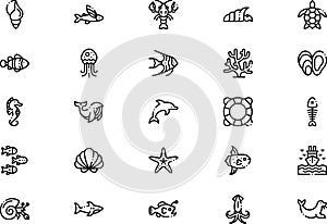 Sealife icons collection is a vector illustration with editable stroke.