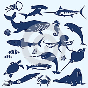 Sealife, sea and ocean animals and fish silhouettes