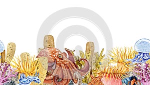 Sealife seamles border. Watercolor illustration. Octopus, coral, jellyfish in beautiful underwater sea creature seamles photo