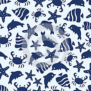 Sealife seamless pattern with fish, sea stars, crabs and dolphins photo