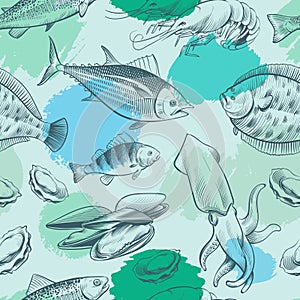 Sealife seamless pattern with grunge elements. Ocean texture with fish, shell, octopus