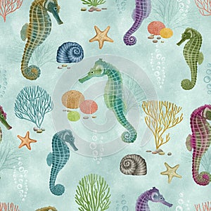 Sealife seamless watercolor pattern Seahorse corals shells seaweed repeated background Cute sea animals allover illustration