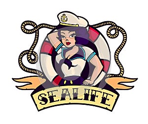 Sealife! pin-up sailor girl with lifebuoy cartoon vector photo