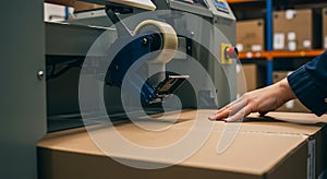 Sealing Cardboard Box Using Automatic Packaging Machine in Distribution Warehouse