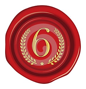 Sealing wax stamp vector illustration  number, ranking  | 6th red