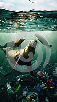 Sealions swimming in the ocean polluted with plastic waste