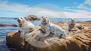 Seals bask on rocky outcrops by the sea.AI Generated