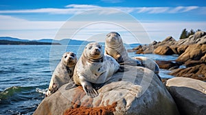 Seals bask on rocky outcrops by the sea.AI Generated