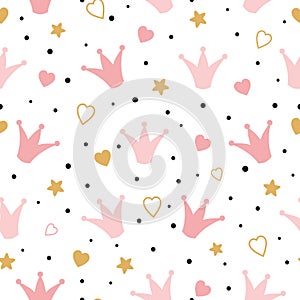 Seamess pattern with doodle pink crowns hearts baby girl wallpaper Little princess design