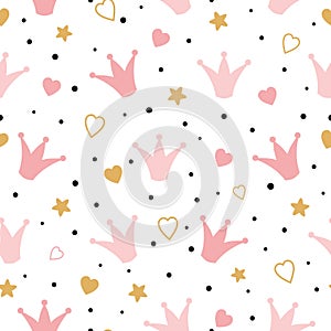 Seamess pattern with doodle pink crowns hearts Vector baby girl wallpaper Little princess design