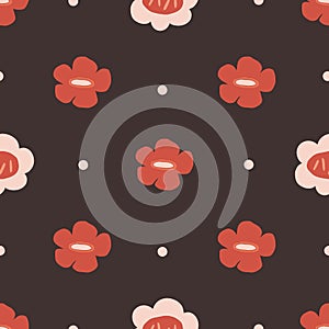 Seamleass floral pattern design with big red and white poppies on a brown background.