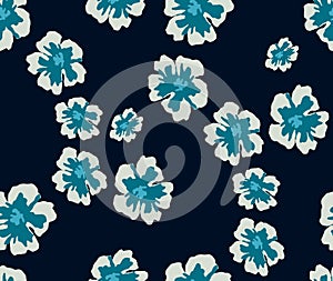 Seamlees Hand Drawn Flowers, on Dark Blue Background, Ready for Textile Prints.