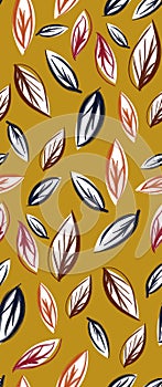 Seamlees Hand Drawn Leaves, on Yellow Background, Ready for Textile Prints.
