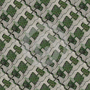 Seamles pattern of concrete road tile on the green grass path