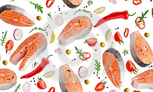 Seamles pattern of flying salmon with vegetables and herbs iolated on white