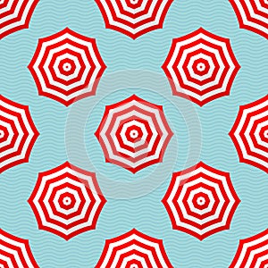 Seamles Pattern Red And White Parasols On Blue Waves
