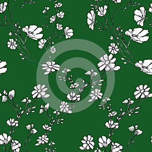 Seamles pattern of tree branch with white flowers and leaves, graphic hand drawn, blossom tree  on green background. Simple pencil