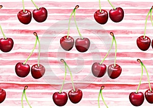 Seamles striped pattern with cherries. Hand drawn watercolor illustration.