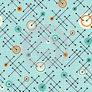 Seamless 1950s retro pattern of lines and circles