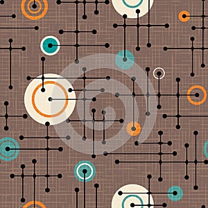 Seamless 1950s retro pattern of lines and circles