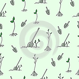 Gardening icon. seamless pattern, hand drawn vector. shovel with plant and sprout illustration on green background. doodle art for