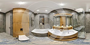 Seamless 360 hdri panorama in interior of expensive bathroom in modern flat apartments with bidet and washbasin in equirectangular